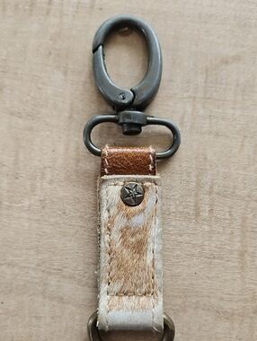 Leather & Haircalf Keychain with Star Stud - Brown